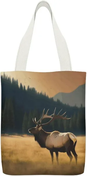 Canvas Tote Bags Elk in The Meadow Print Reusable Grocery Bag Lightweight Shopping Handbag with Internal Pocket Double-sided Pattern