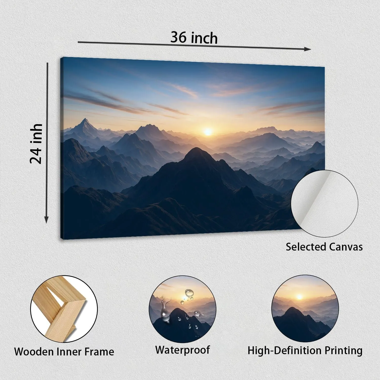 Canvas Wall Art Prints Picture Aerial view misty mountains sunrise Framed Large Size Artwork Wall Painting Home Decor for Living Room Bedroom Ready to Hang 24"x36"