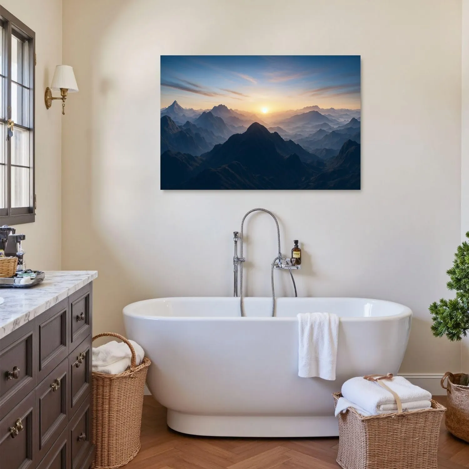 Canvas Wall Art Prints Picture Aerial view misty mountains sunrise Framed Large Size Artwork Wall Painting Home Decor for Living Room Bedroom Ready to Hang 24"x36"