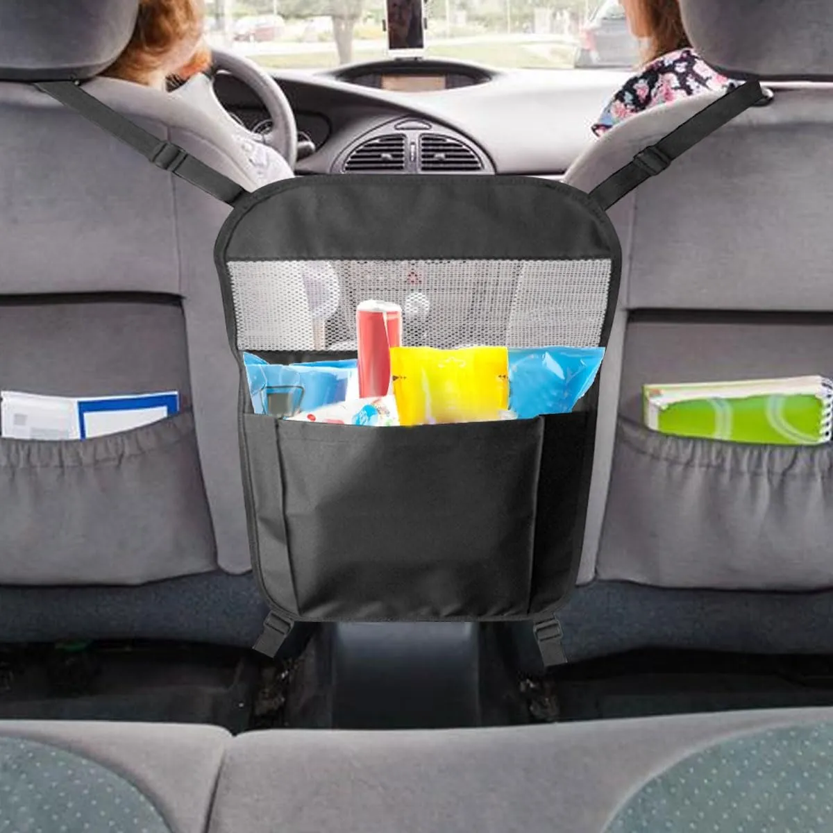 Car Handbag Holder Between Seats, Large Capacity Automotive Purse Holder, Universal Net Vehicle Safe Barrier of Pet Kids, Auto Interior Storage Bag Organizer Accessories for Phone Document (Black)