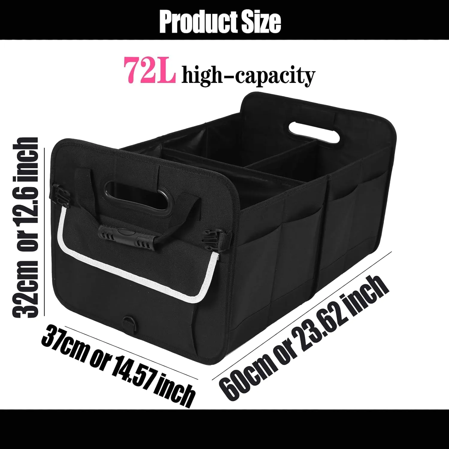 Car Suv Trunk Organizer,Sturdy Car Storage Organizer for Accessories,Tools,Sundries.Upgraded 4 Carrying Handles,72L,Foldable,Waterproof,Multi Compartment,2 Straps for Fixation(Black)