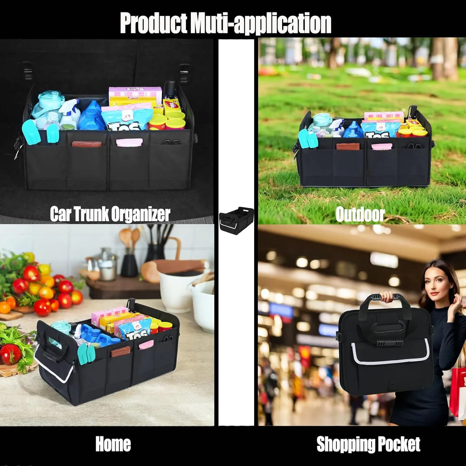 Car Suv Trunk Organizer,Sturdy Car Storage Organizer for Accessories,Tools,Sundries.Upgraded 4 Carrying Handles,72L,Foldable,Waterproof,Multi Compartment,2 Straps for Fixation(Black)