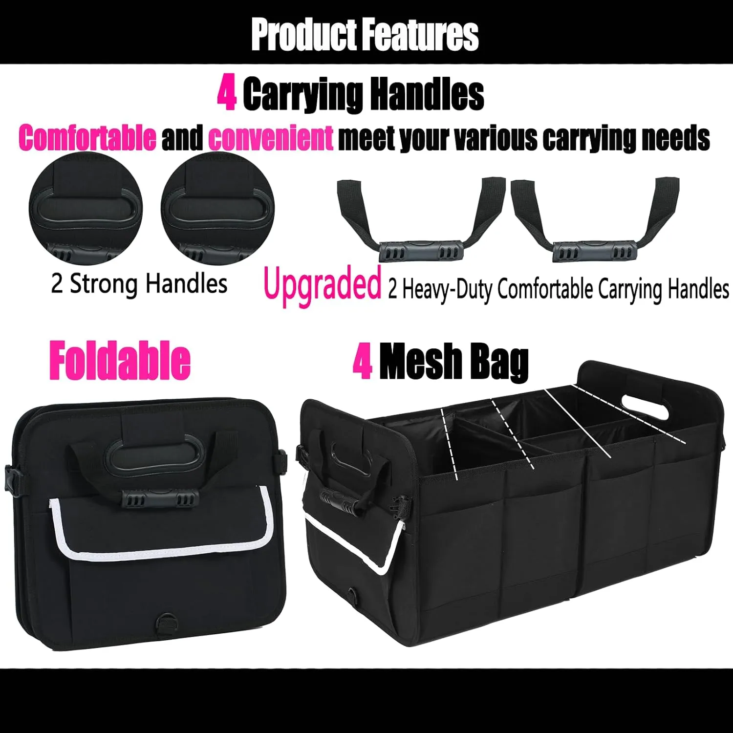 Car Suv Trunk Organizer,Sturdy Car Storage Organizer for Accessories,Tools,Sundries.Upgraded 4 Carrying Handles,72L,Foldable,Waterproof,Multi Compartment,2 Straps for Fixation(Black)