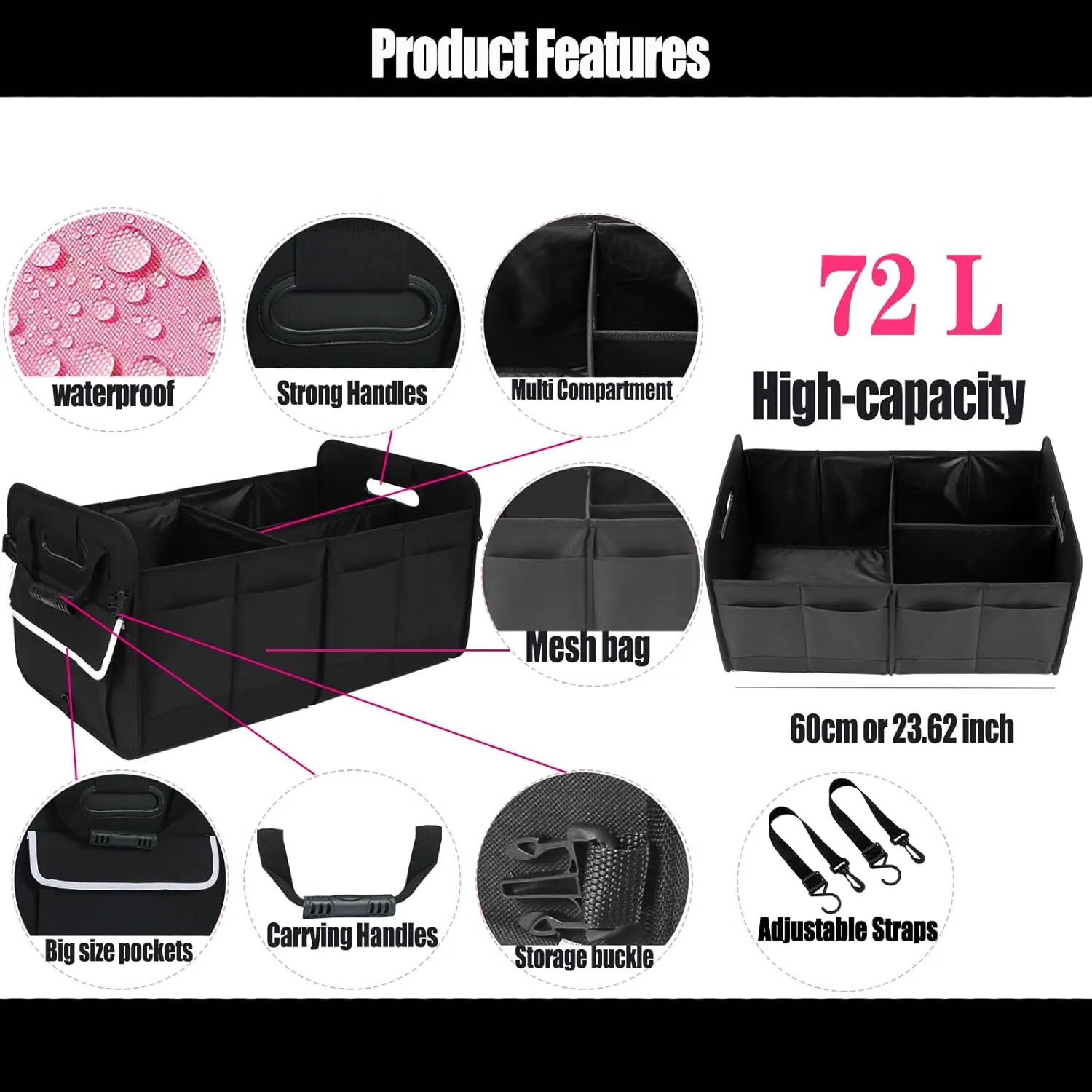Car Suv Trunk Organizer,Sturdy Car Storage Organizer for Accessories,Tools,Sundries.Upgraded 4 Carrying Handles,72L,Foldable,Waterproof,Multi Compartment,2 Straps for Fixation(Black)