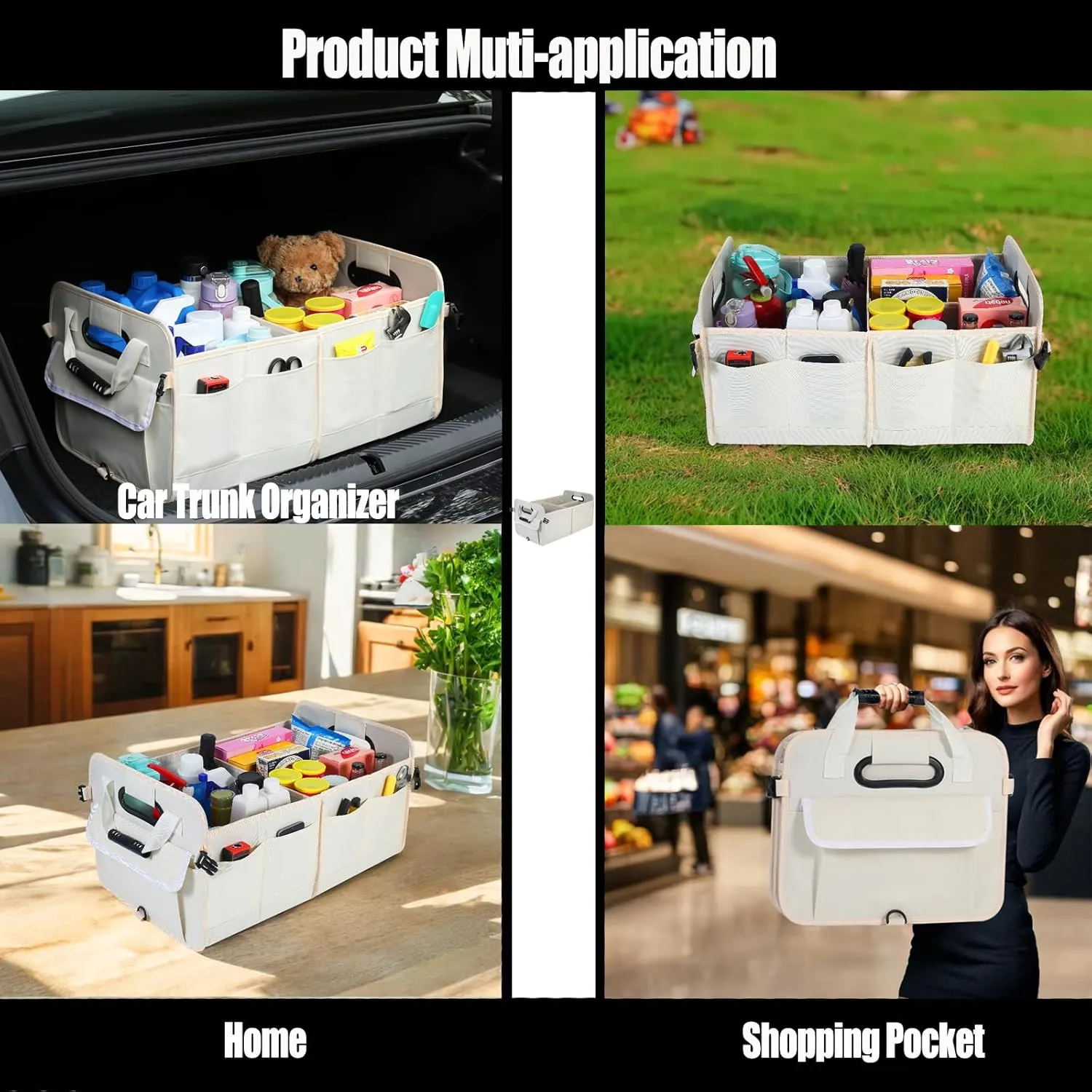 Car Suv Trunk Organizer,Sturdy Storage Organizer for Car Accessories,Tools,Sundries.Upgraded 4 Carrying Handles,72L,Foldable,Waterproof,Multi Compartment,2 Straps for Fixation (Beige)