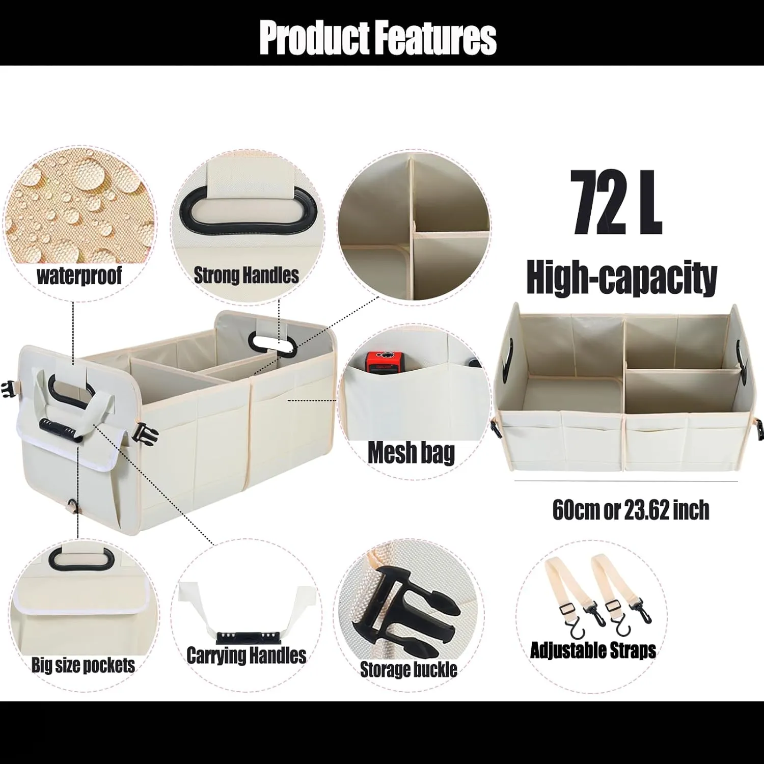 Car Suv Trunk Organizer,Sturdy Storage Organizer for Car Accessories,Tools,Sundries.Upgraded 4 Carrying Handles,72L,Foldable,Waterproof,Multi Compartment,2 Straps for Fixation (Beige)