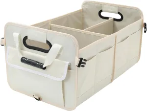 Car Suv Trunk Organizer,Sturdy Storage Organizer for Car Accessories,Tools,Sundries.Upgraded 4 Carrying Handles,72L,Foldable,Waterproof,Multi Compartment,2 Straps for Fixation (Beige)
