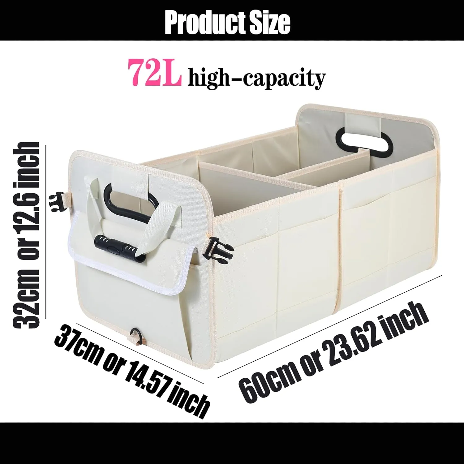 Car Suv Trunk Organizer,Sturdy Storage Organizer for Car Accessories,Tools,Sundries.Upgraded 4 Carrying Handles,72L,Foldable,Waterproof,Multi Compartment,2 Straps for Fixation (Beige)