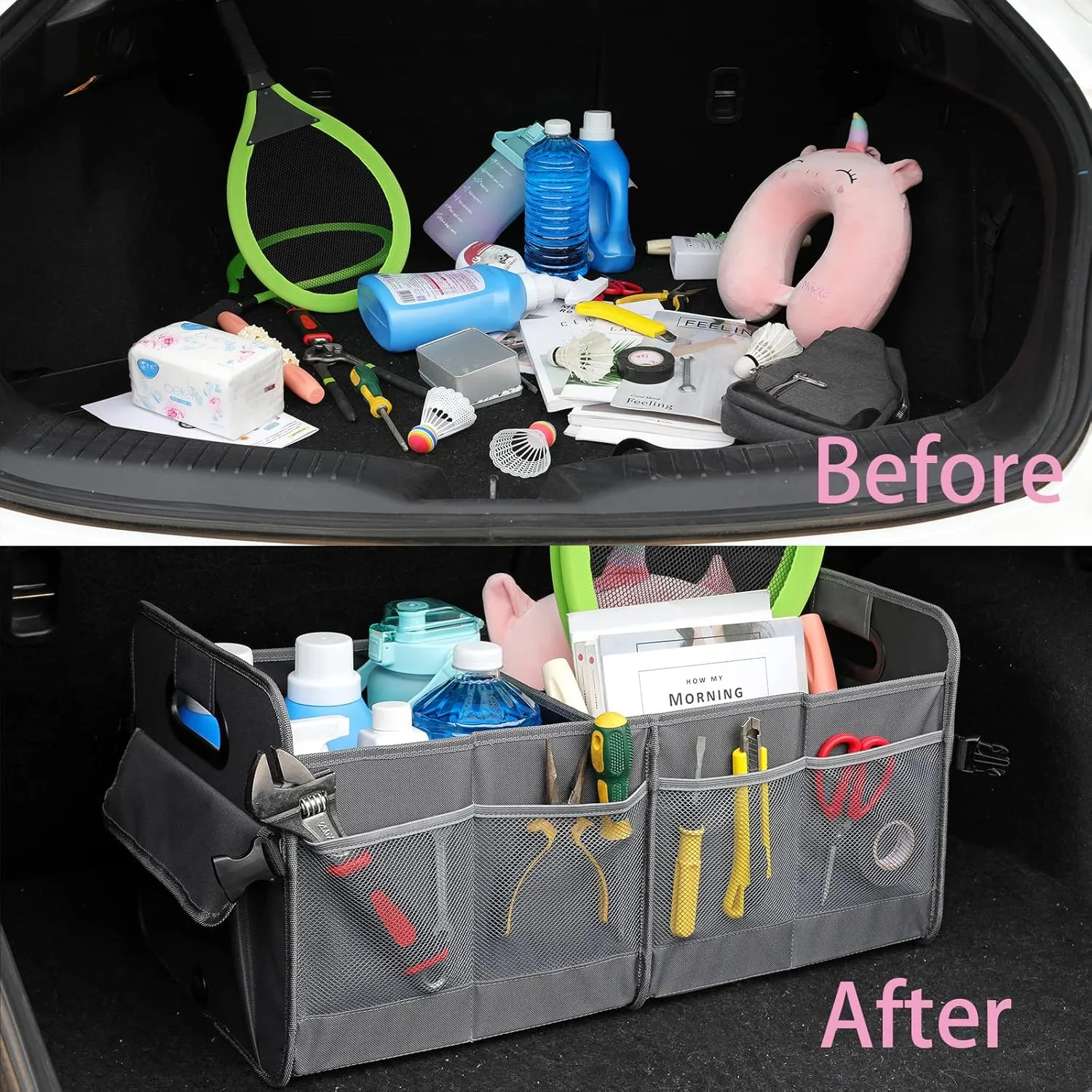 Car Trunk Organizer Car Storage Organizer Collapsible Multi Compartment Car Organizer Adjustable Straps Car Organizer for SUV(Gray)