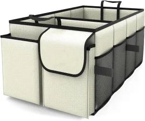 Car Trunk Organizer, Collapsible Car Organizer, Multi Compartment Car Organization for Car Accessories, Tools, Sundries, 22×13.4×11.4 inch, Storage for Auto Accessories for Women Men (Beige)