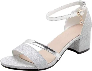 Caradise Womens Sequin Glitter Block Heel Ankle Strap Sandal Open Toe Pumps