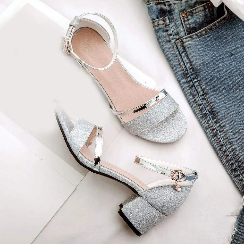 Caradise Womens Sequin Glitter Block Heel Ankle Strap Sandal Open Toe Pumps