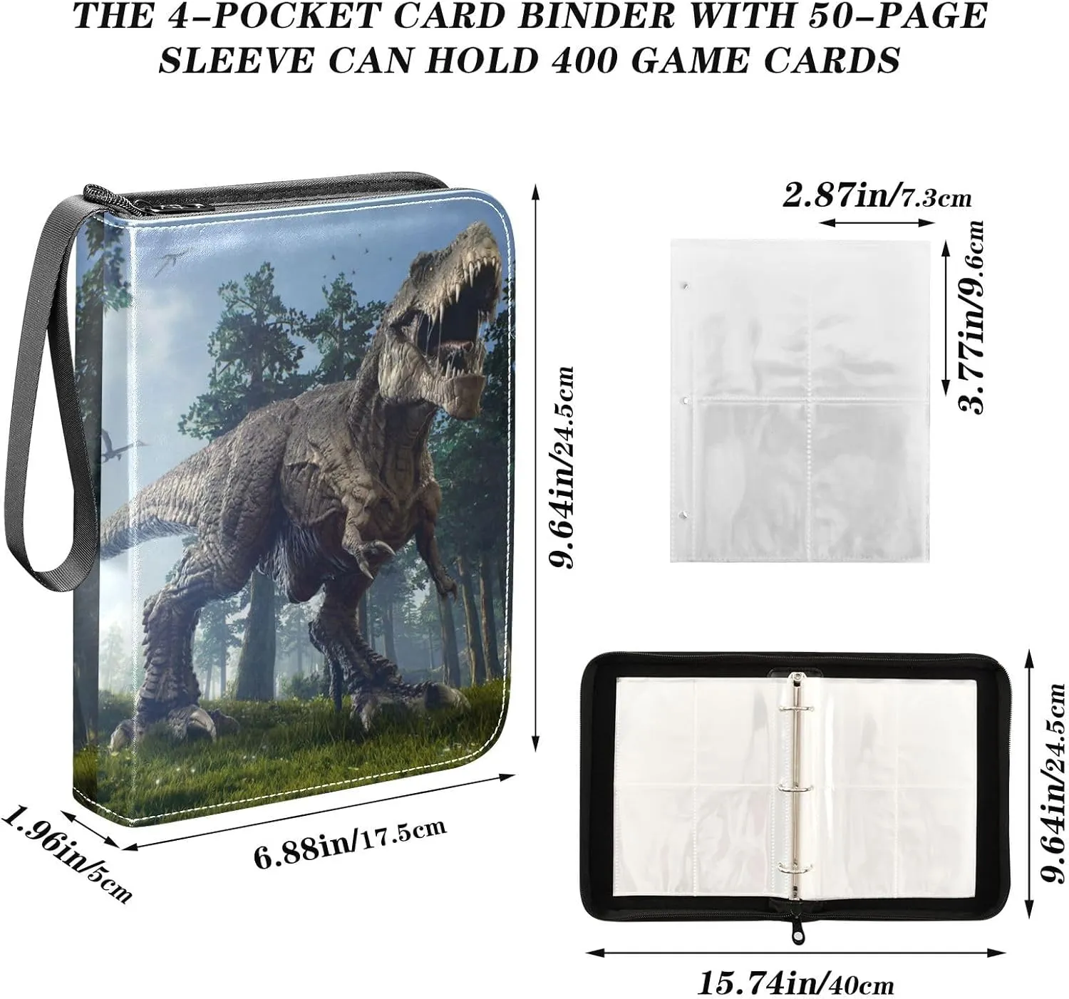 Card Binder 4 Pocket, Trading Card Binder Holder Fits 400 Cards with 50 Sleeves, Card Collection Binder Album Book Holder for Baseball Football Games Cards, Dinosaur