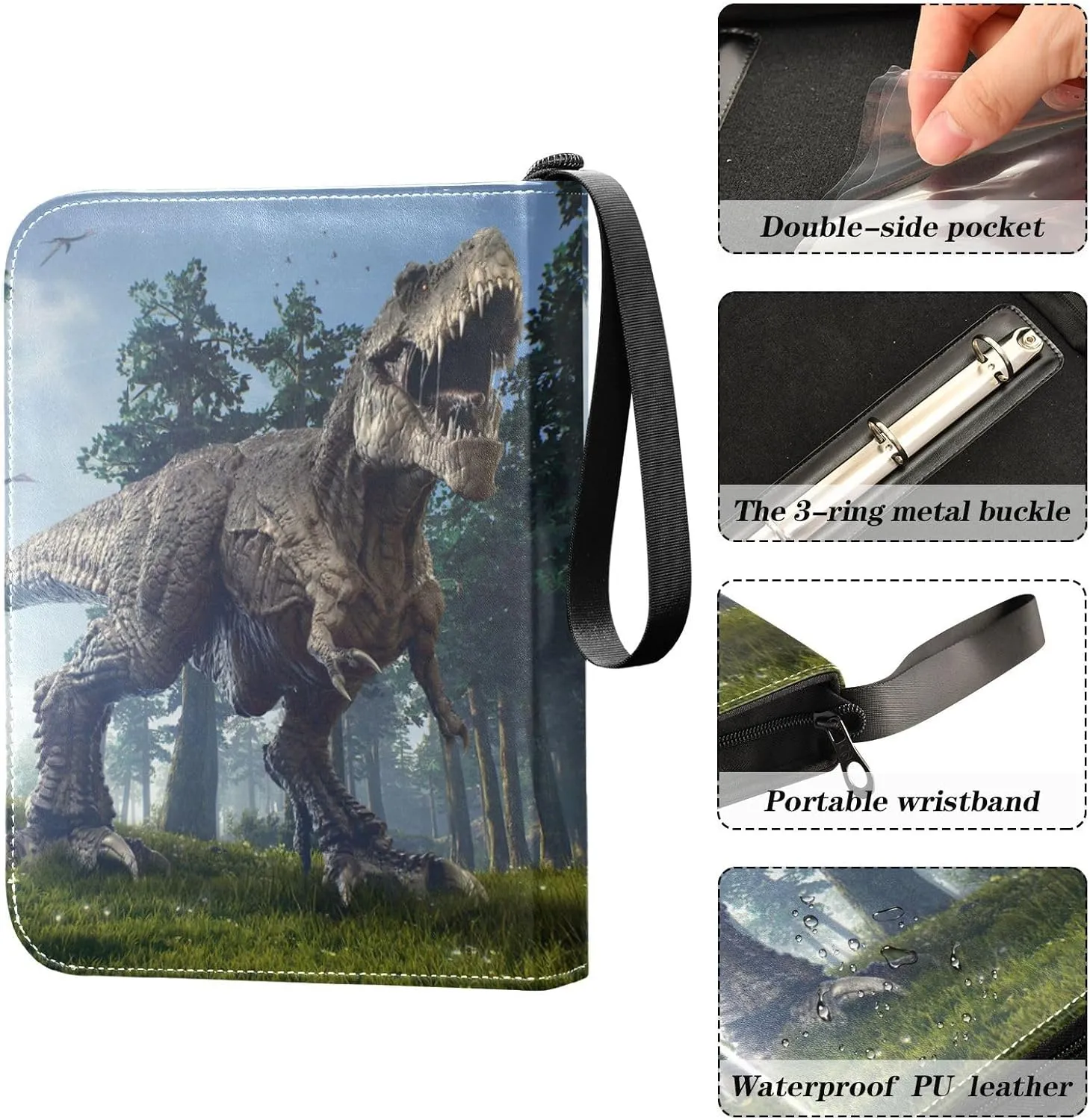 Card Binder 4 Pocket, Trading Card Binder Holder Fits 400 Cards with 50 Sleeves, Card Collection Binder Album Book Holder for Baseball Football Games Cards, Dinosaur