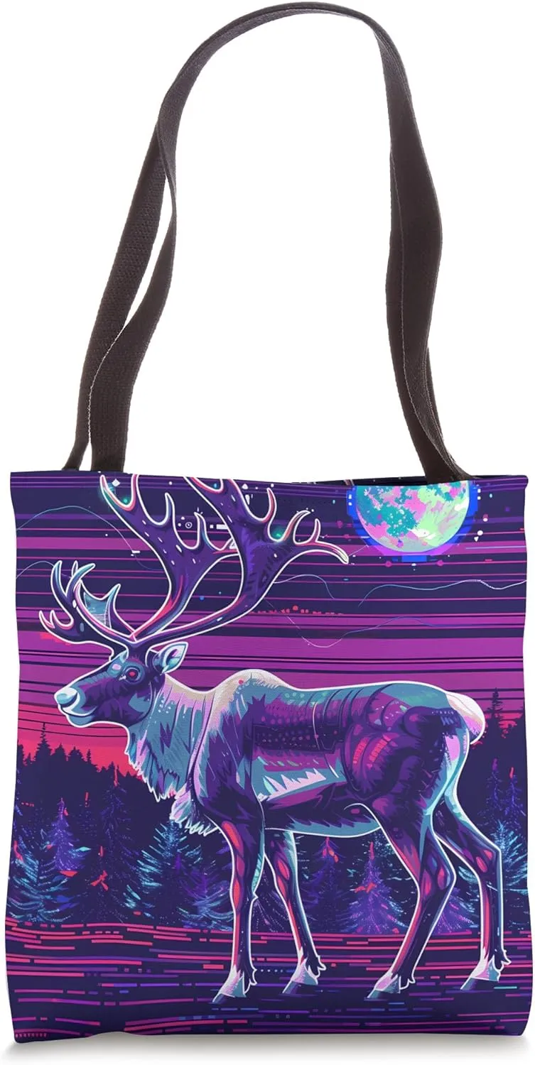 Caribou Synthwave Animal Wildlife Pattern Tote Bag