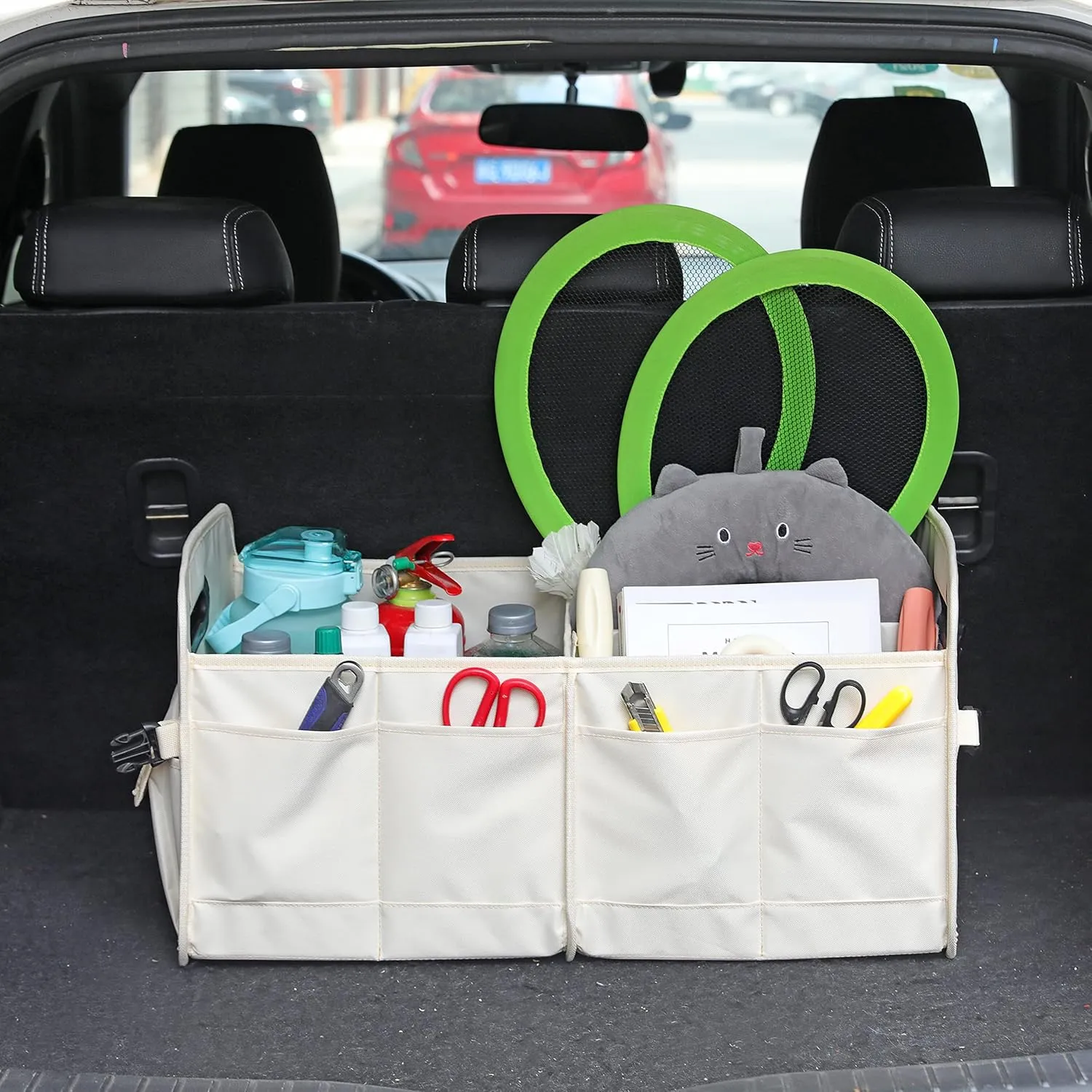 Car Trunk Organizer Car Storage Organizer Collapsible Multi Compartment Car Organizer Adjustable Straps for SUV(Beige)