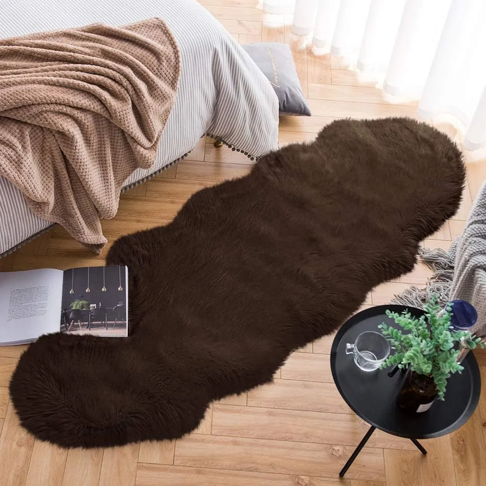 Carvapet Luxury Soft Faux Sheepskin Couch Seat Cushion Fake Fur Area Rugs for Bedroom and Living Room Runner, 2ft x 6ft, Brown