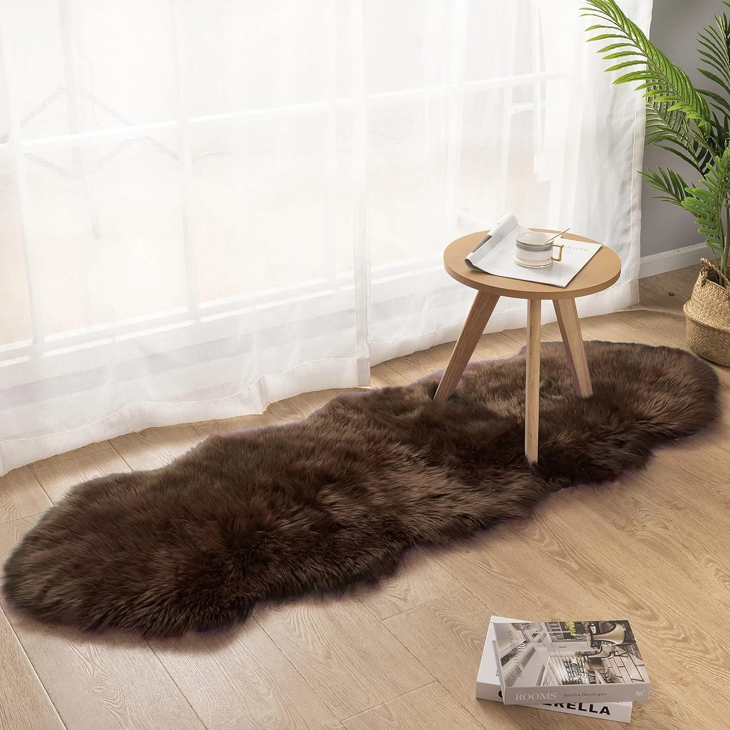 Carvapet Luxury Soft Faux Sheepskin Couch Seat Cushion Fake Fur Area Rugs for Bedroom and Living Room Runner, 2ft x 6ft, Brown