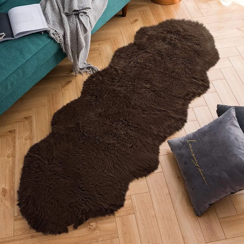 Carvapet Luxury Soft Faux Sheepskin Couch Seat Cushion Fake Fur Area Rugs for Bedroom and Living Room Runner, 2ft x 6ft, Brown
