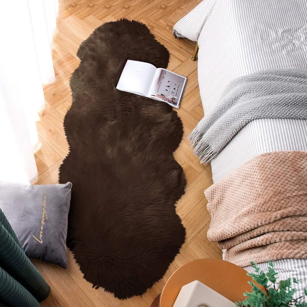 Carvapet Luxury Soft Faux Sheepskin Couch Seat Cushion Fake Fur Area Rugs for Bedroom and Living Room Runner, 2ft x 6ft, Brown