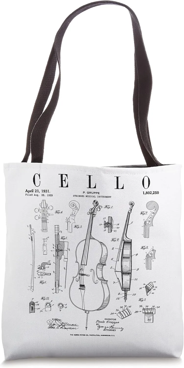 Cello Vintage Patent Cellist Drawing Print Tote Bag