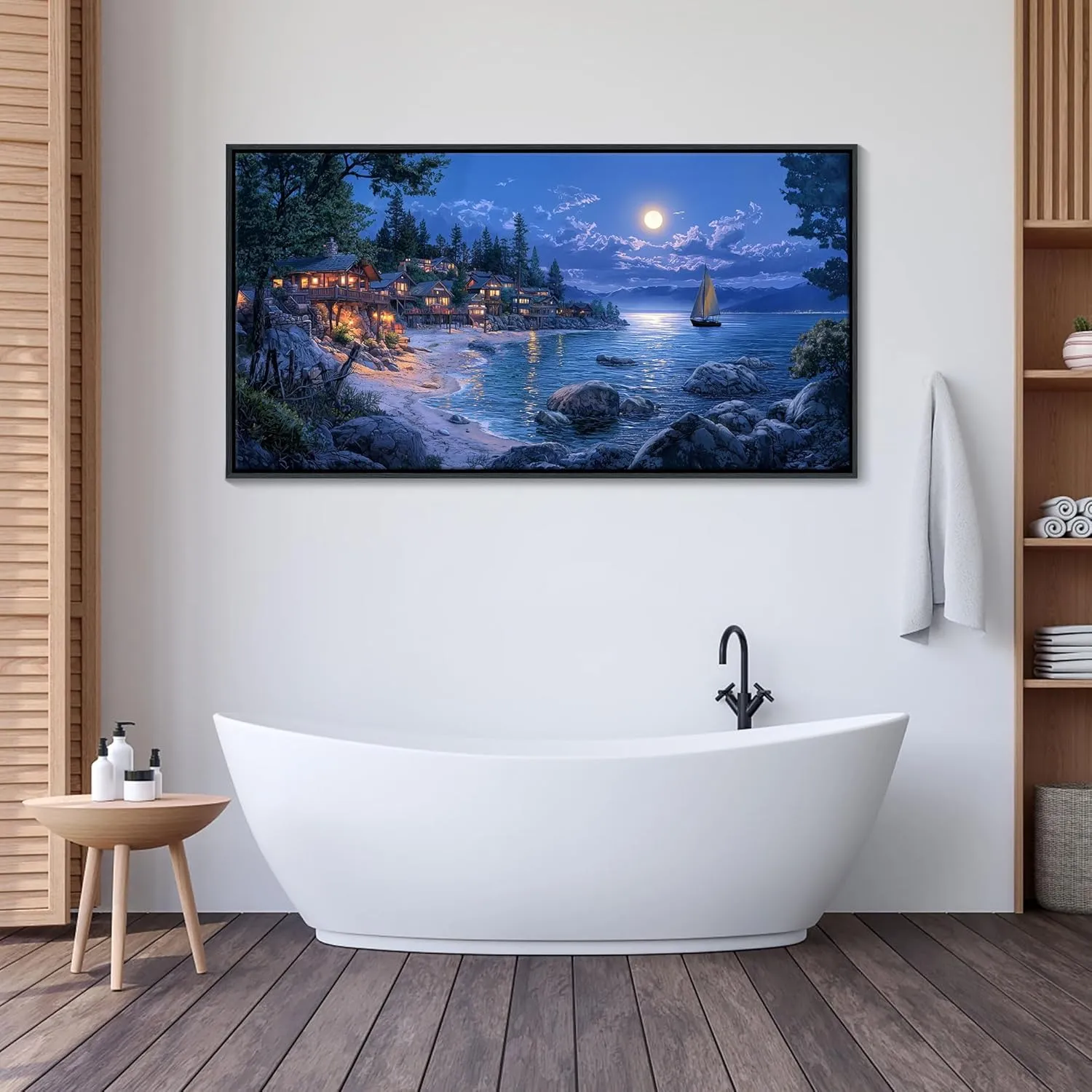 CHATYOUNG Framed Beach Canvas Wall Art, Dark Blue Ocean Moon Night View Wall Pictures Canvas Print Coastal Wall Paintings for Bedroom Living Room Kitchen Home Office Decor 20x40 IN