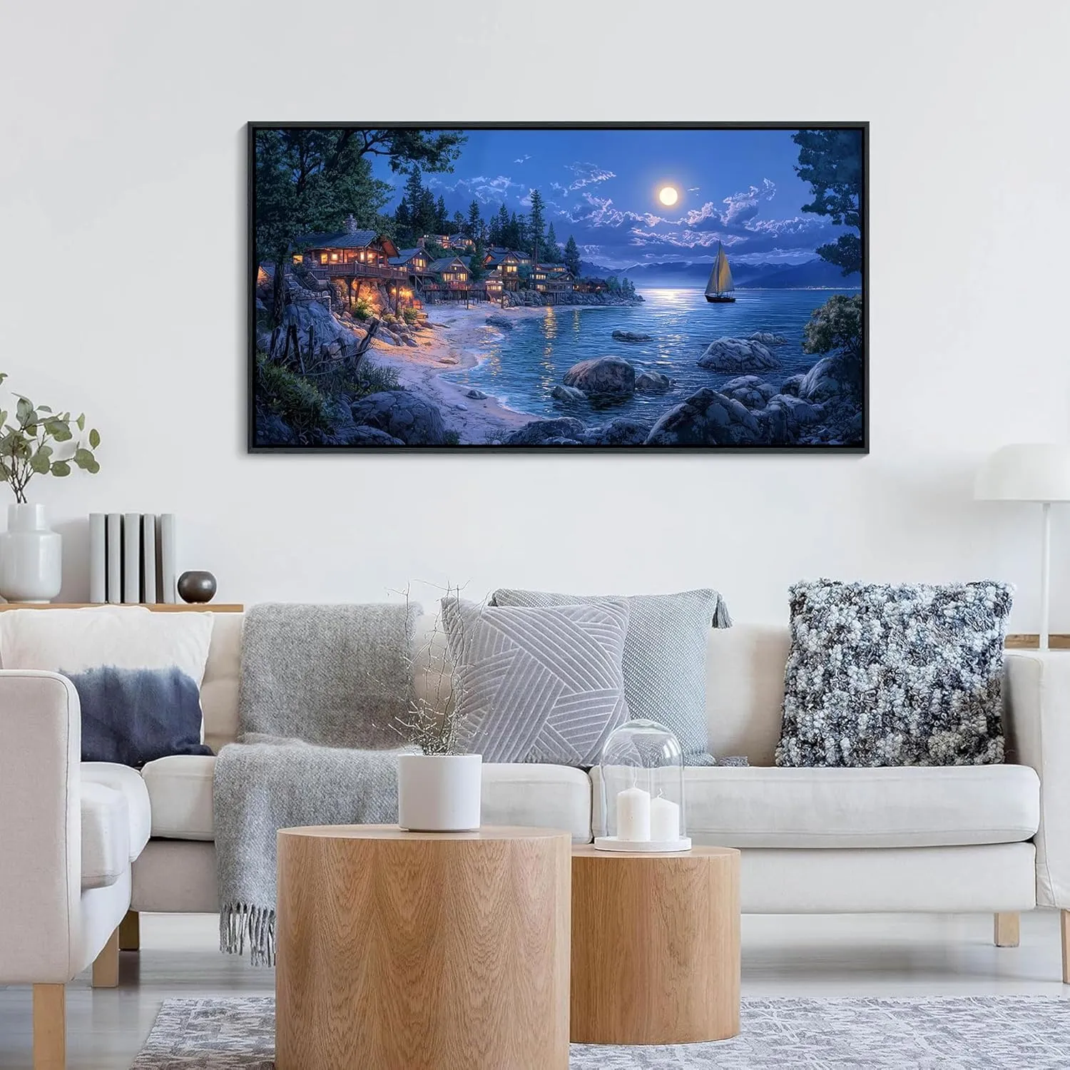 CHATYOUNG Framed Beach Canvas Wall Art, Dark Blue Ocean Moon Night View Wall Pictures Canvas Print Coastal Wall Paintings for Bedroom Living Room Kitchen Home Office Decor 20x40 IN