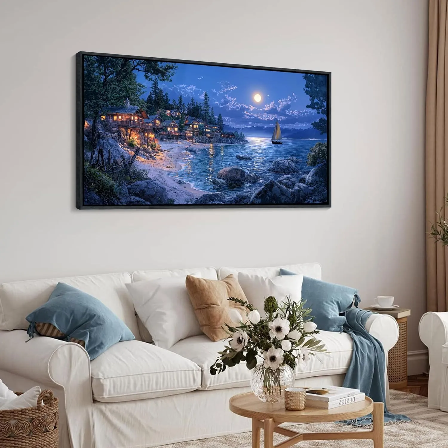 CHATYOUNG Framed Beach Canvas Wall Art, Dark Blue Ocean Moon Night View Wall Pictures Canvas Print Coastal Wall Paintings for Bedroom Living Room Kitchen Home Office Decor 20x40 IN
