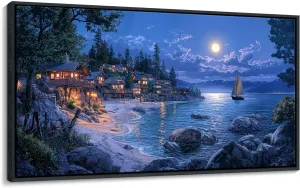 CHATYOUNG Framed Beach Canvas Wall Art, Dark Blue Ocean Moon Night View Wall Pictures Canvas Print Coastal Wall Paintings for Bedroom Living Room Kitchen Home Office Decor 20x40 IN