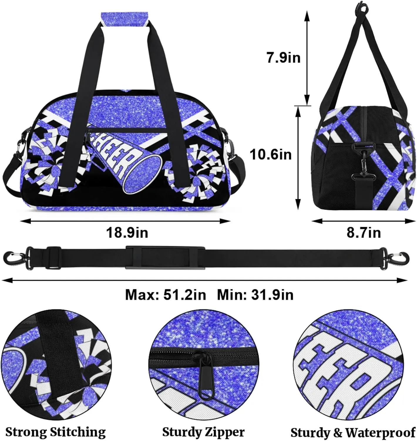Cheer Bag for Cheerleading, Sport Fitness Gymnastics Duffle Gym Training Travel Weekender Lightweight Bags, Light Blue Glitter Black