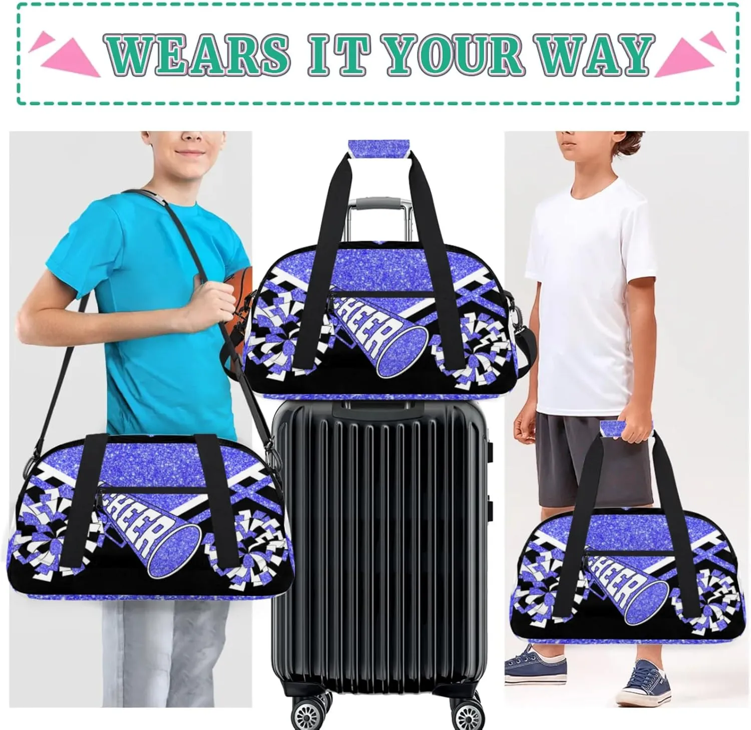 Cheer Bag for Cheerleading, Sport Fitness Gymnastics Duffle Gym Training Travel Weekender Lightweight Bags, Light Blue Glitter Black