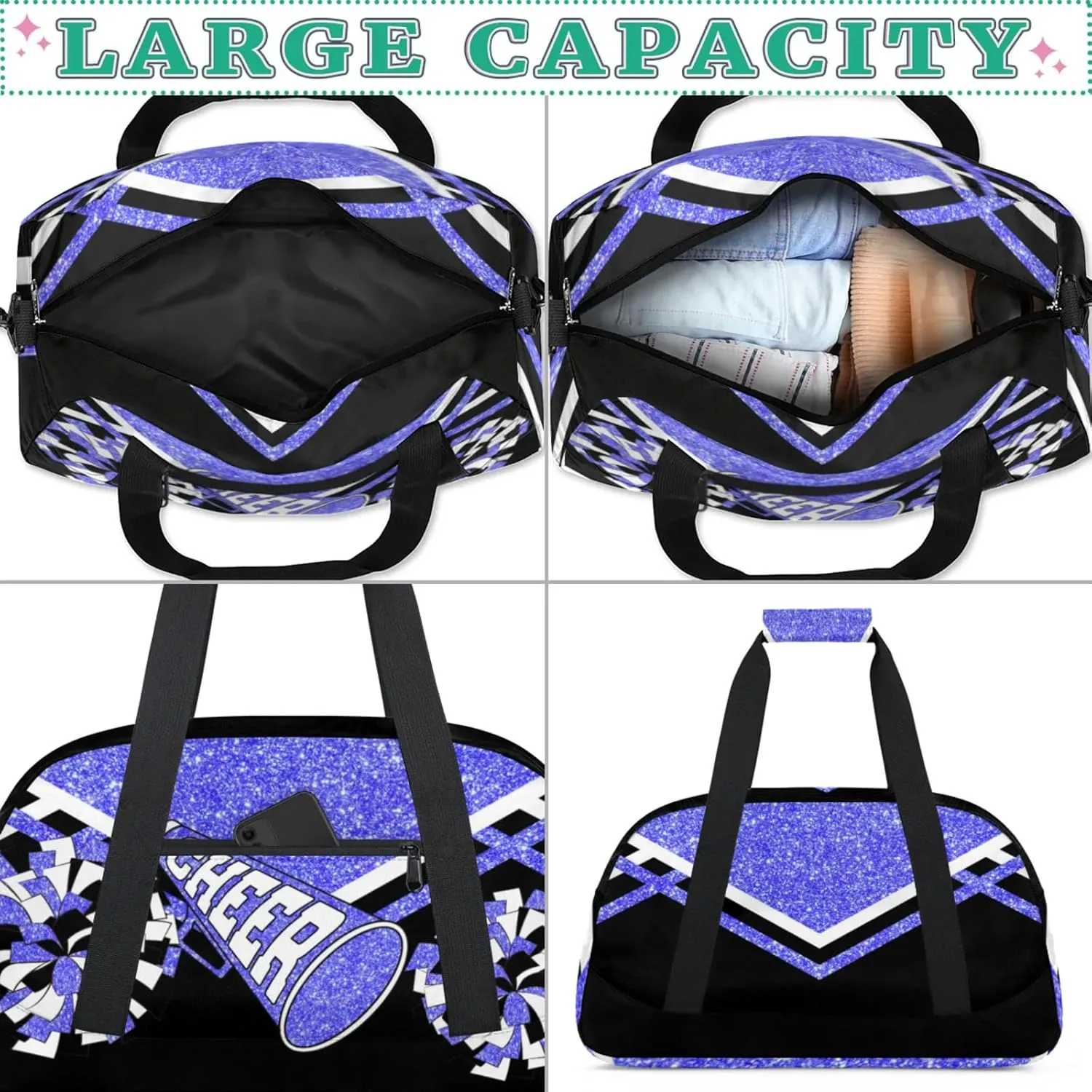 Cheer Bag for Cheerleading, Sport Fitness Gymnastics Duffle Gym Training Travel Weekender Lightweight Bags, Light Blue Glitter Black