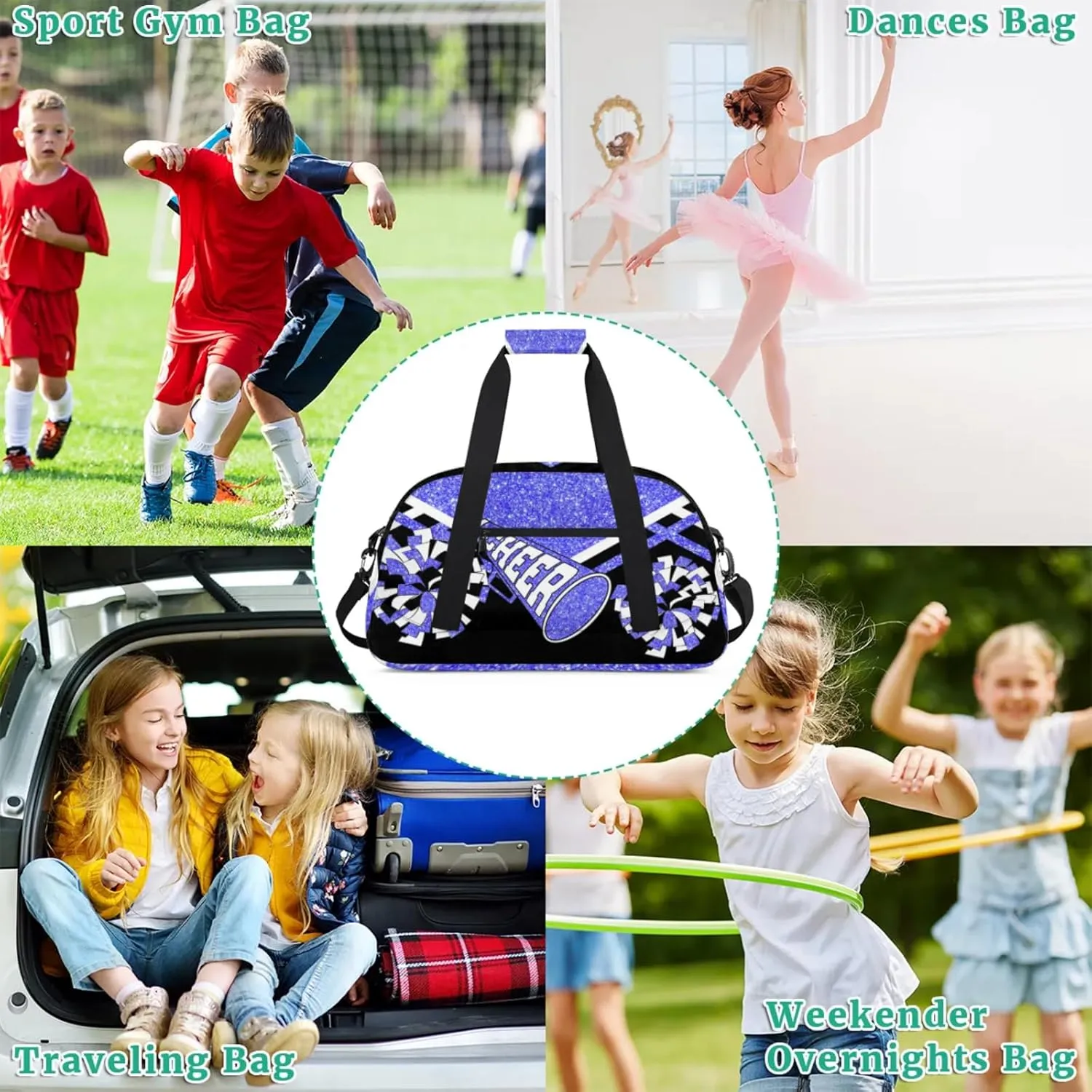 Cheer Bag for Cheerleading, Sport Fitness Gymnastics Duffle Gym Training Travel Weekender Lightweight Bags, Light Blue Glitter Black