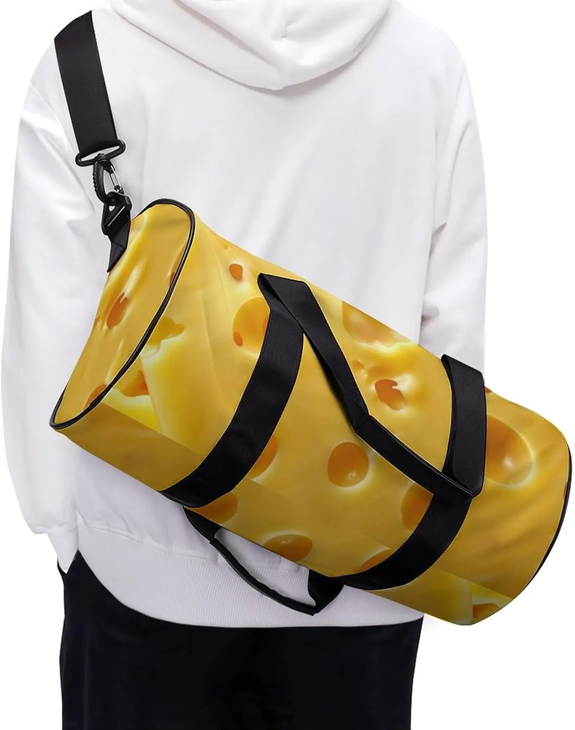 Cheese Pattern Travel Gym Bag for Women Men Cute Style Cylindrical Duffle Bag Sport Workout Bag with Shoulder Strap
