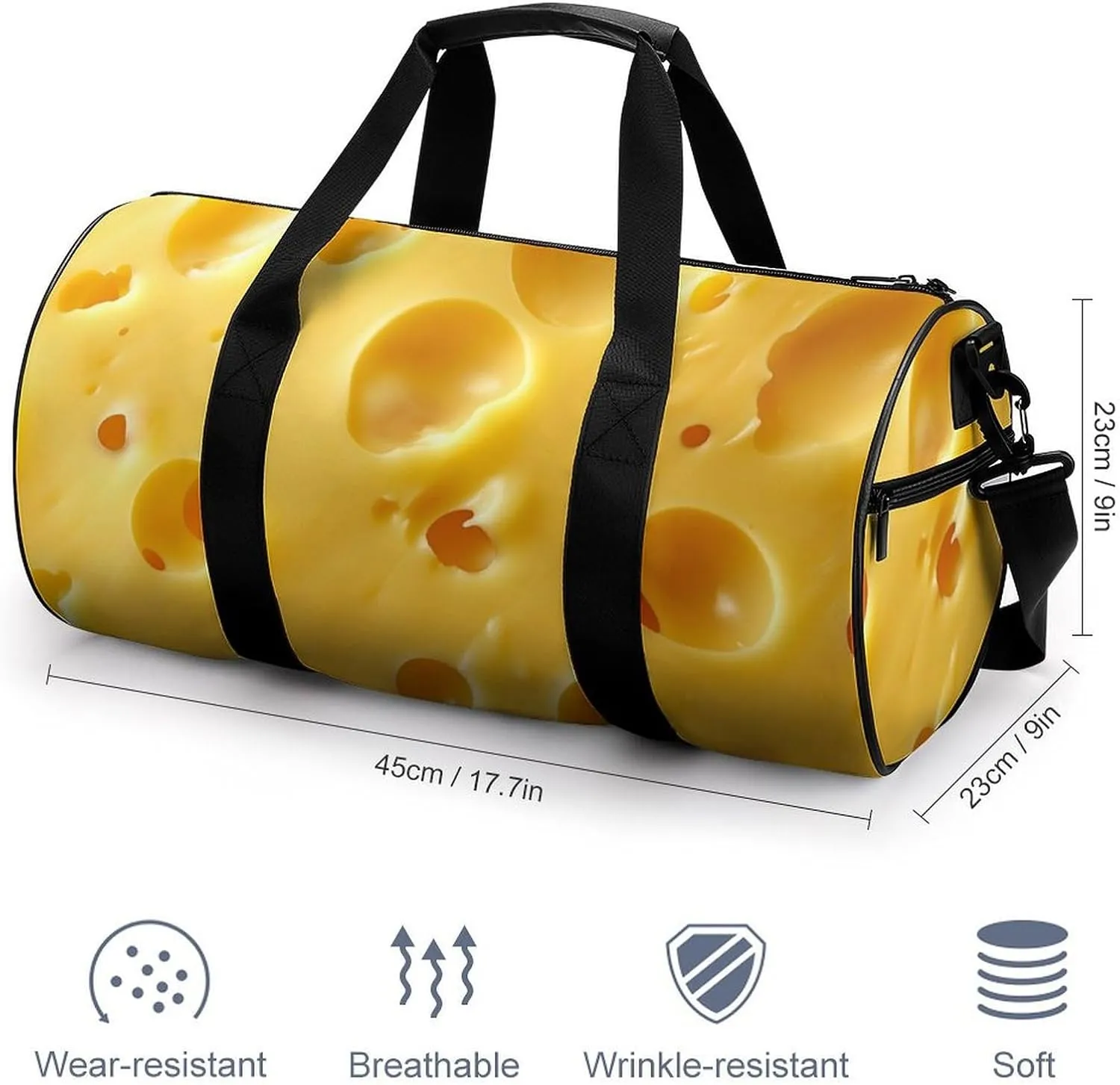 Cheese Pattern Travel Gym Bag for Women Men Cute Style Cylindrical Duffle Bag Sport Workout Bag with Shoulder Strap