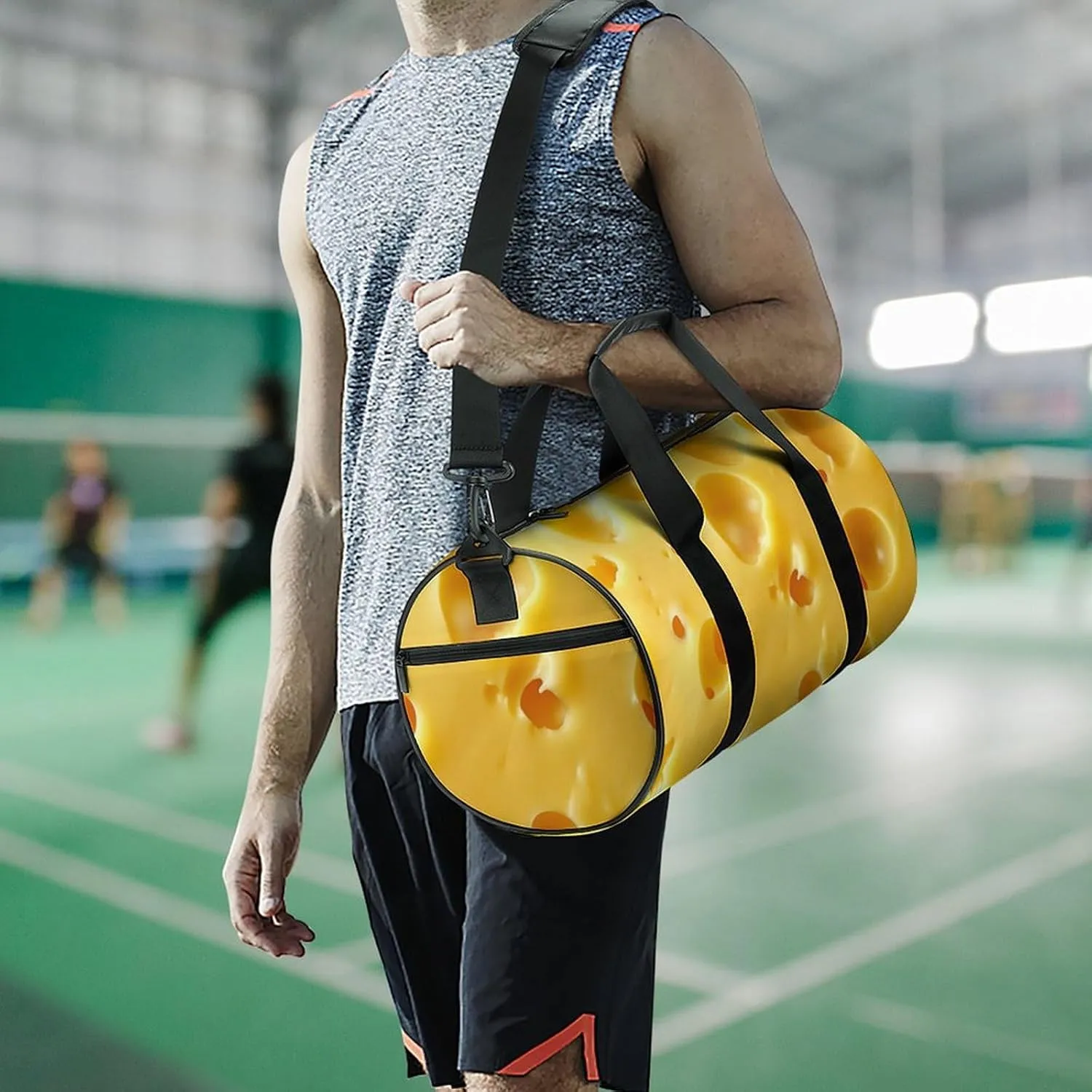 Cheese Pattern Travel Gym Bag for Women Men Cute Style Cylindrical Duffle Bag Sport Workout Bag with Shoulder Strap
