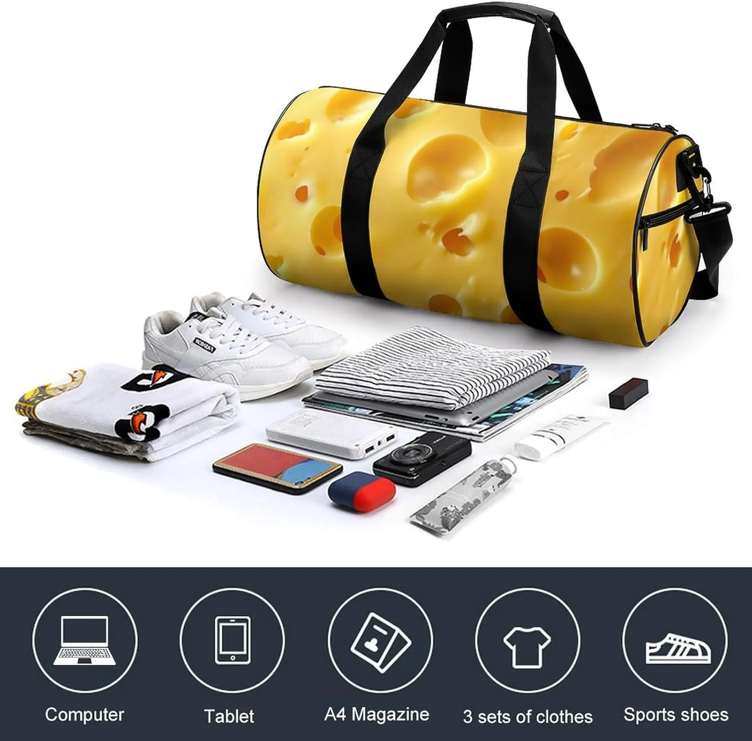Cheese Pattern Travel Gym Bag for Women Men Cute Style Cylindrical Duffle Bag Sport Workout Bag with Shoulder Strap