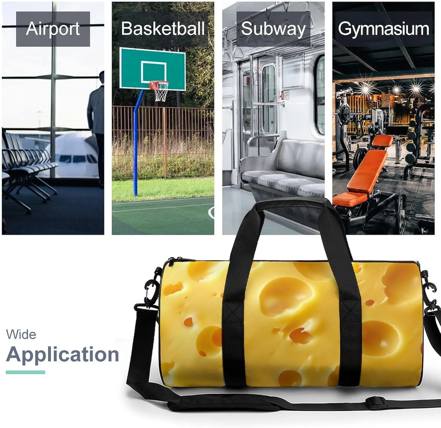 Cheese Pattern Travel Gym Bag for Women Men Cute Style Cylindrical Duffle Bag Sport Workout Bag with Shoulder Strap