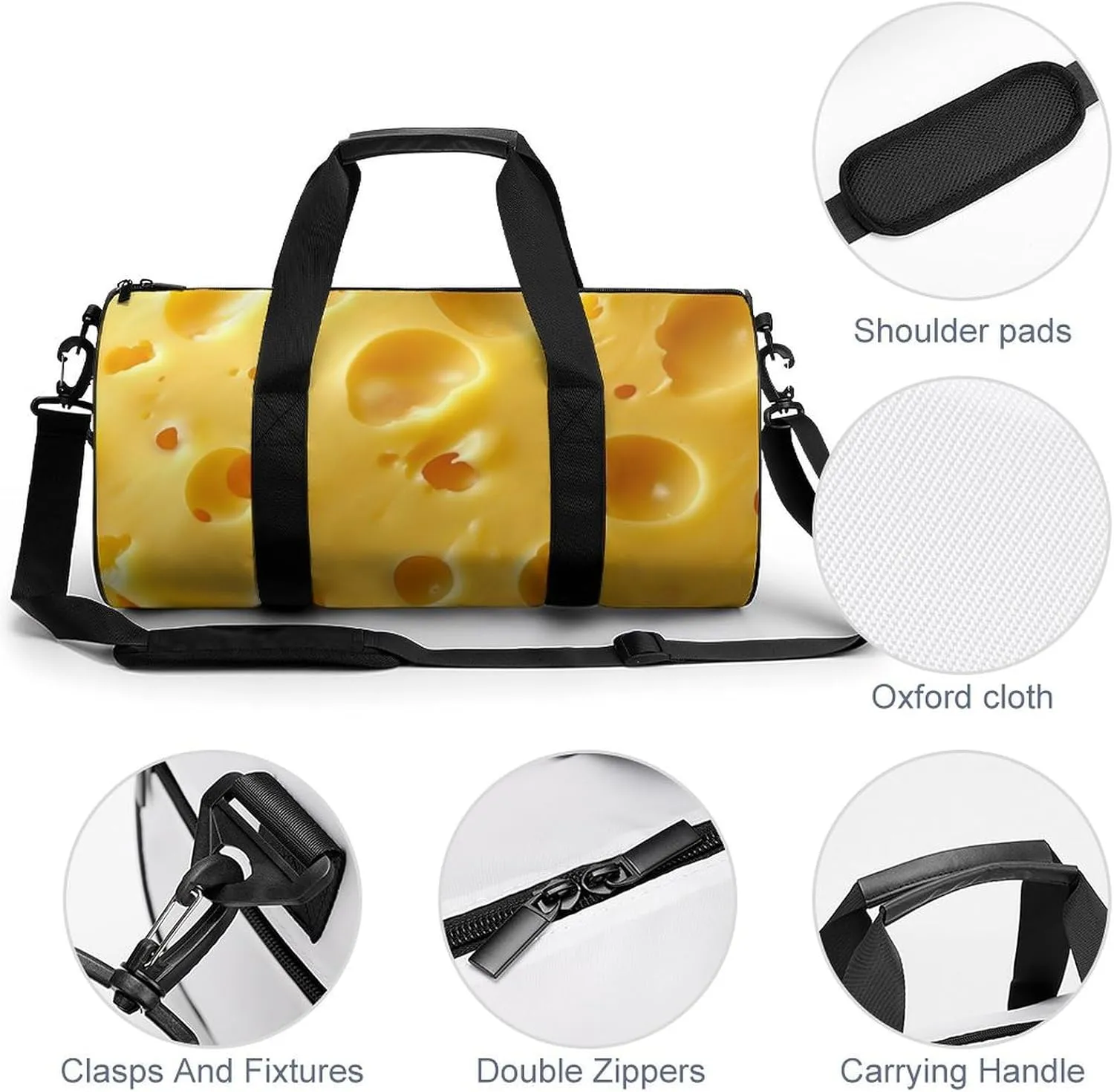Cheese Pattern Travel Gym Bag for Women Men Cute Style Cylindrical Duffle Bag Sport Workout Bag with Shoulder Strap