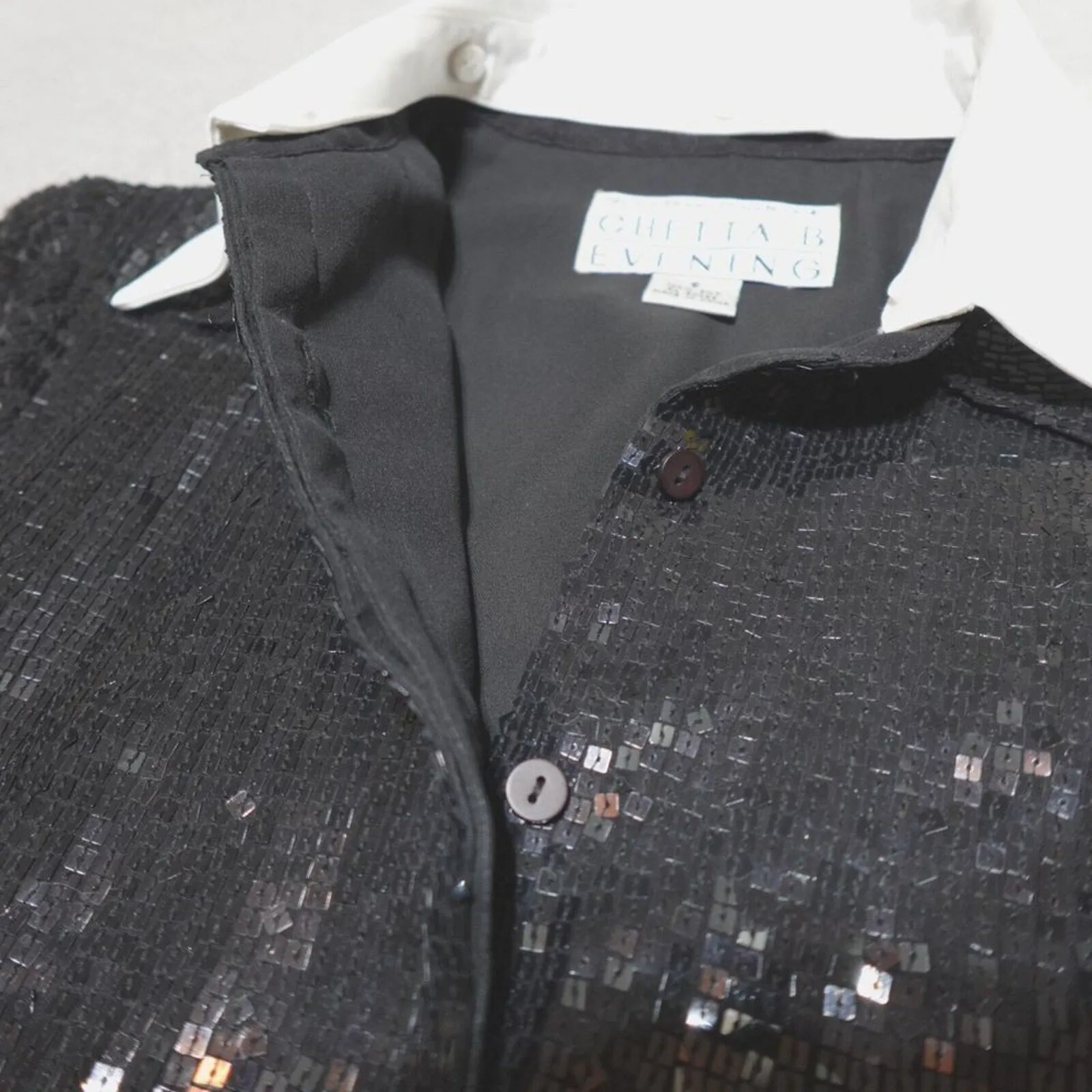 Chetta B Women's Evening Sequin Dress - Silk, 3/4 Sleeve Shirt,  Black White, Size 6