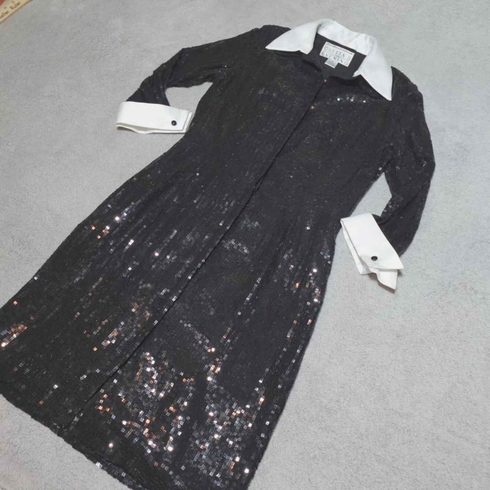 Chetta B Women's Evening Sequin Dress - Silk, 3/4 Sleeve Shirt,  Black White, Size 6
