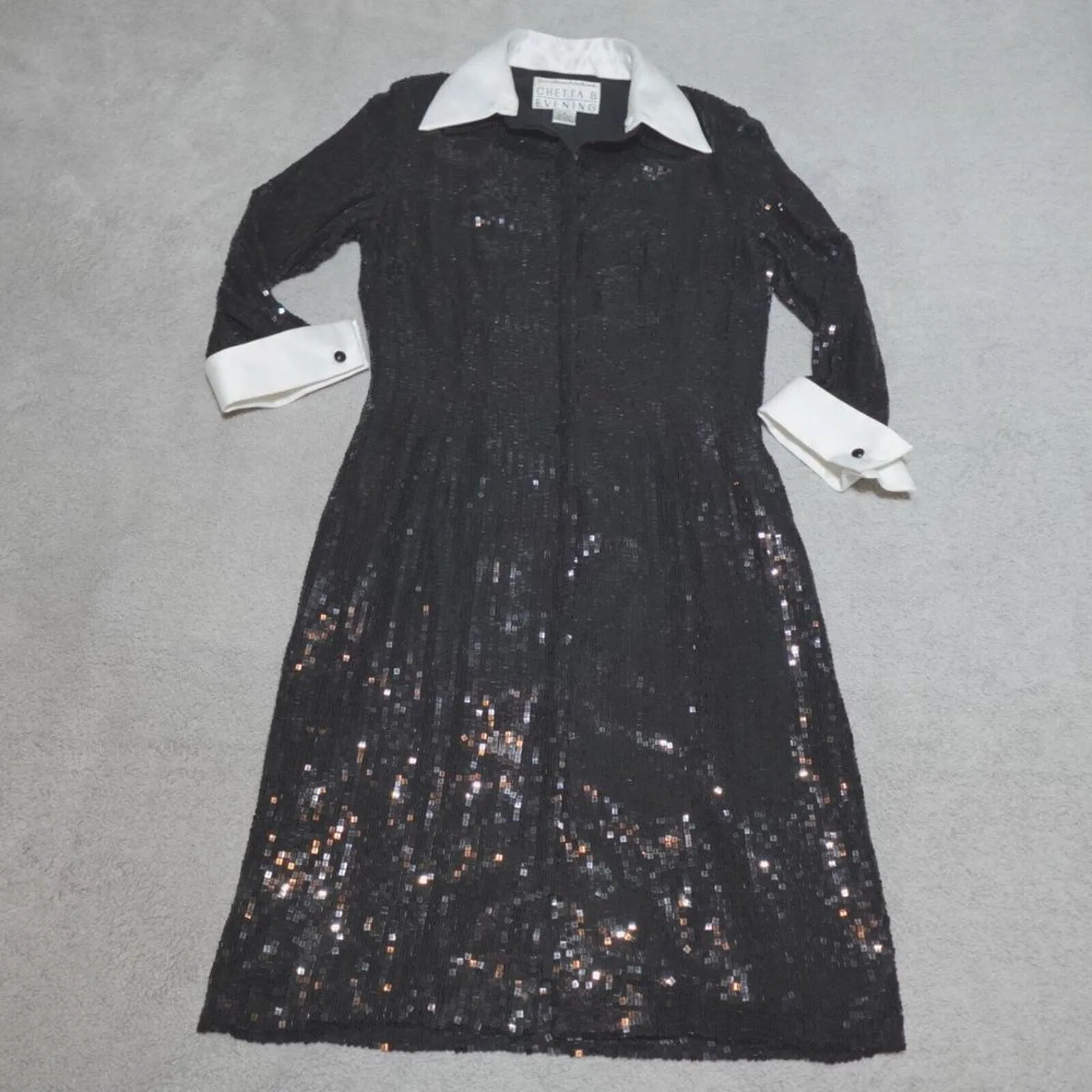 Chetta B Women's Evening Sequin Dress - Silk, 3/4 Sleeve Shirt,  Black White, Size 6