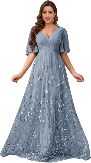 Chiffon Mother of The Bride Dresses V-Neck Bridesmaid Dress Sequin Formal Wedding Guest Dresses with Sleeves