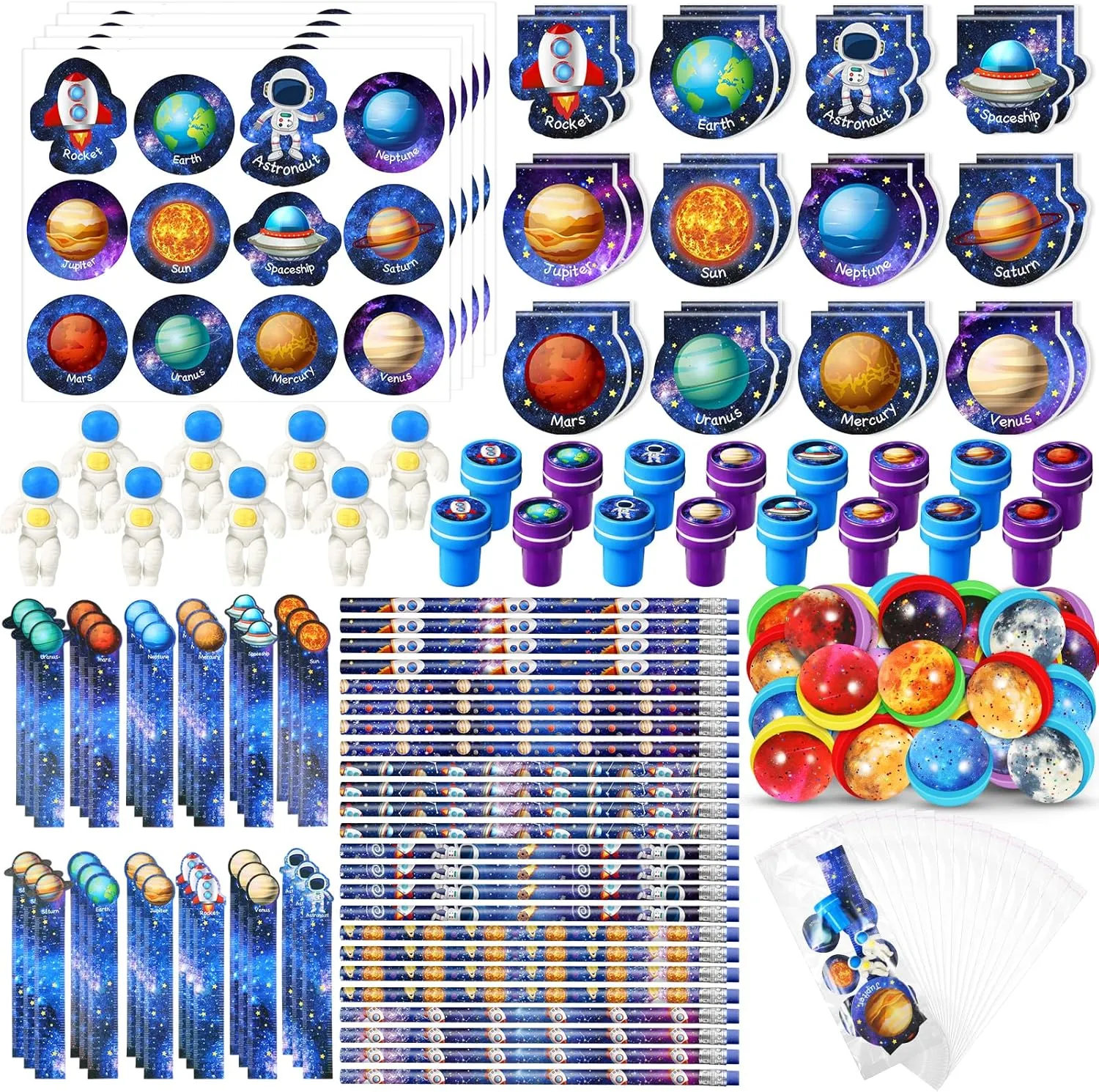 Cholemy 192 Pcs Space Party Favors Space Theme Supplies Outer Astronaut Stationery Set Notebook Bouncy Ball Sticker Stamper Eraser Ruler Pencil Bag for Galaxy Birthday Gift Classroom Prize