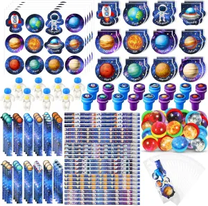 Cholemy 192 Pcs Space Party Favors Space Theme Supplies Outer Astronaut Stationery Set Notebook Bouncy Ball Sticker Stamper Eraser Ruler Pencil Bag for Galaxy Birthday Gift Classroom Prize