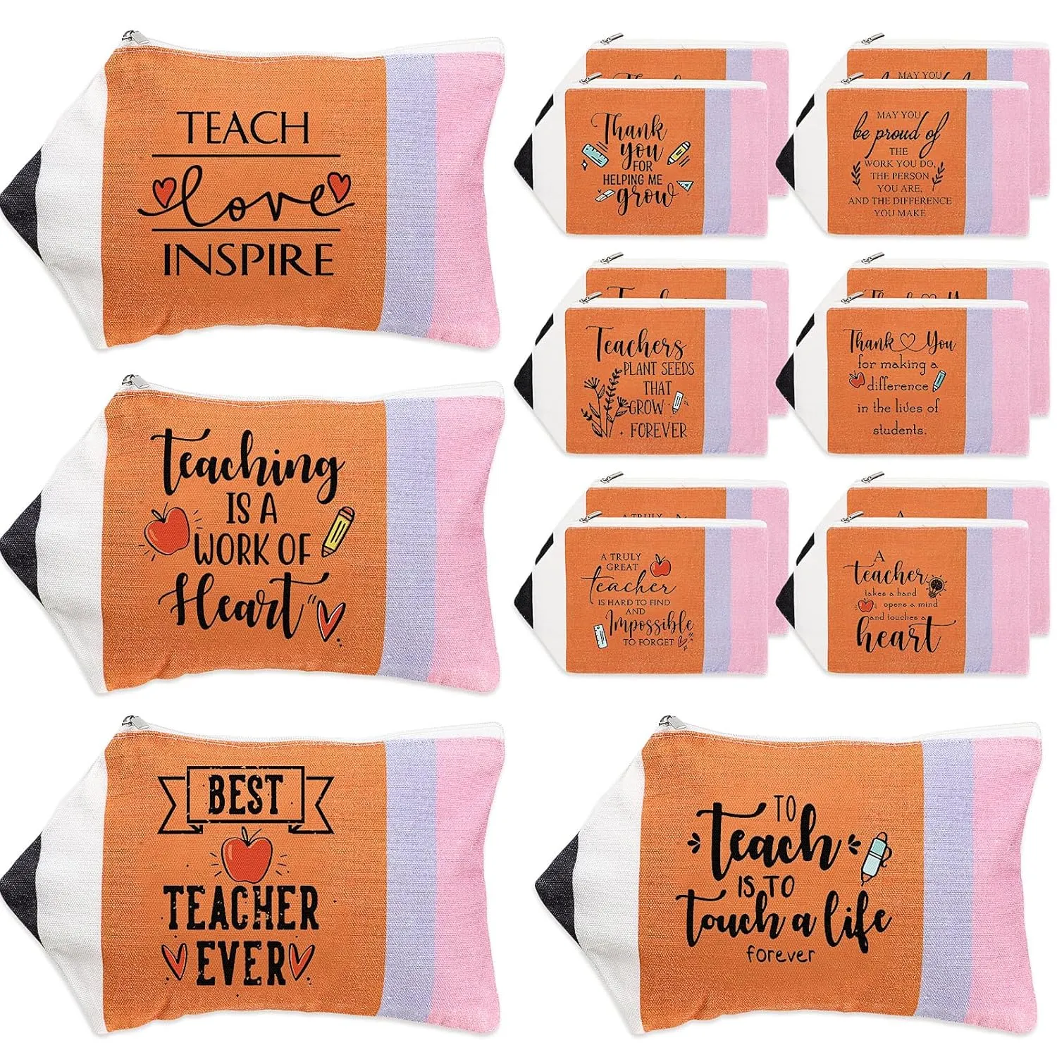 Cholemy 20 Pcs Teacher Appreciation Gifts Inspirational Canvas Makeup Bags Bulk Teacher Pencil Pouch Pencil Shaped Canvas Cosmetic Bags for Thank You Gift