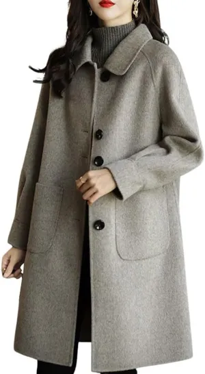 chouyatou Women's Single Breasted Wool Coat Business Office Work Long Winter Pea Coat with Pockets