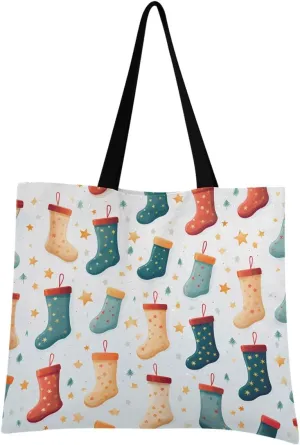Christmas Cartoon Stocks Pattern Canvas Tote Bag for Women, Reusable Grocery Bag Casual Shoulder Bag for Shopping Travel