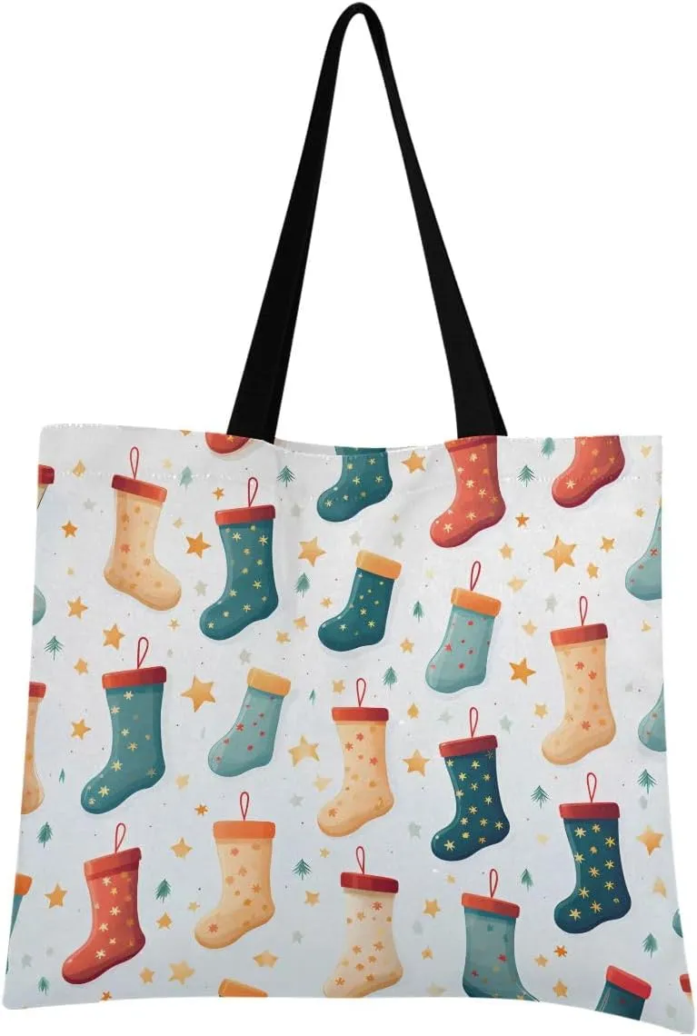 Christmas Cartoon Stocks Pattern Canvas Tote Bag for Women, Reusable Grocery Bag Casual Shoulder Bag for Shopping Travel