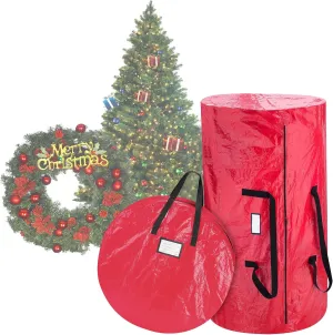 Christmas Tree and Wreath Storage Bag Set - Zippered Canvas Organizers Store 9-Foot Artificial Tree and 30-Inch Holiday Wreaths by Elf Stor (Red)